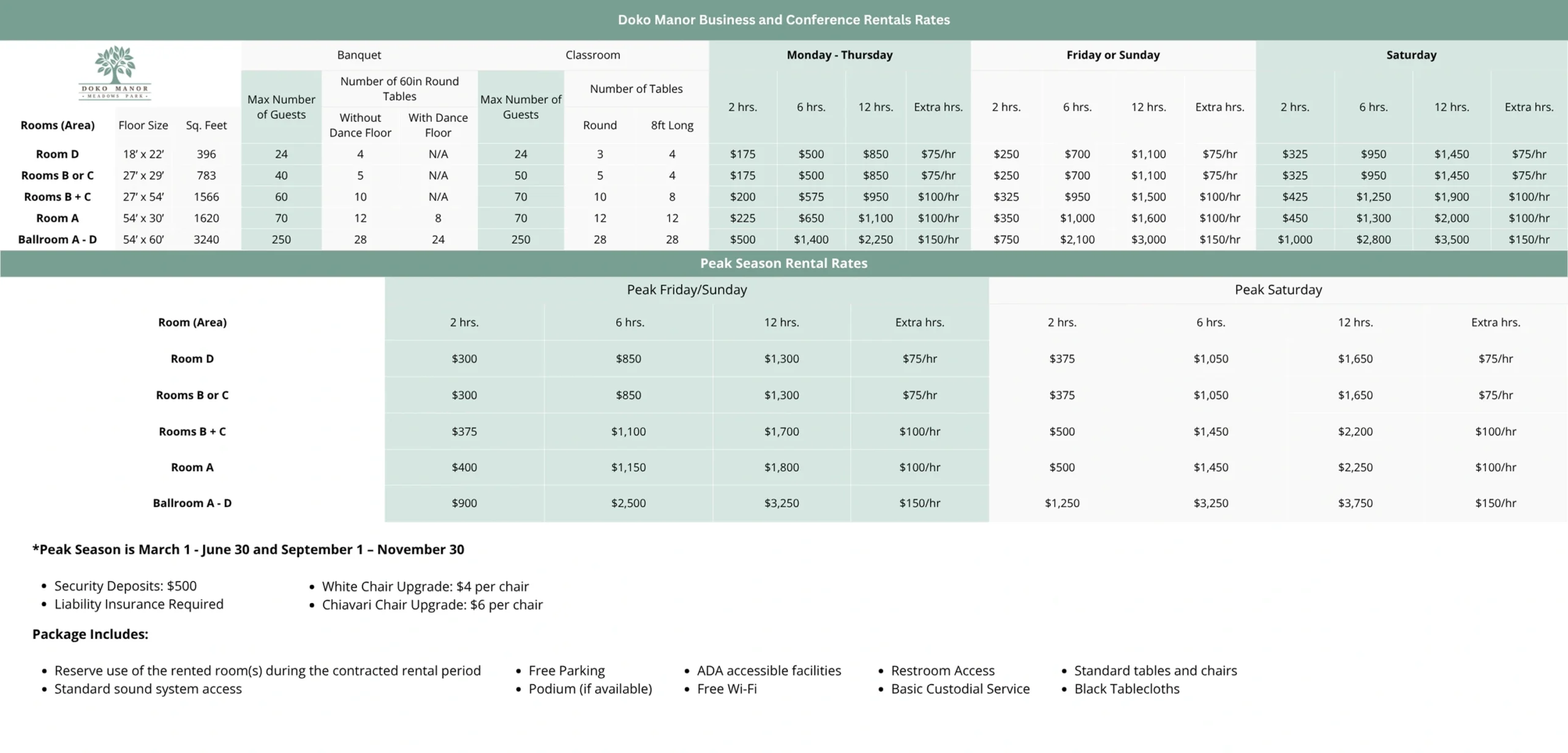 Business and conference rate chart